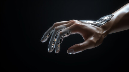 close up of modern AI robotic hand, futuristic artificial intelligence technology, tech background or wallpaper