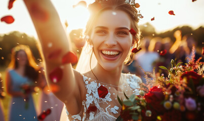 Beautiful young bride with a bouquet of flowers on the background of the setting sun - obrazy, fototapety, plakaty