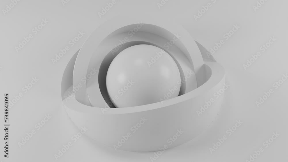 Poster loop 3d animation of an abstract geometric shape. a set of white hemispheres and spheres, a white su