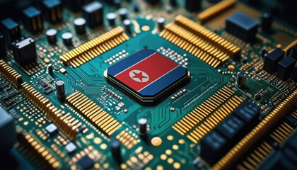North Korea flag on a processor, CPU or microchip on a motherboard. Concept for the battle of global microchips production.