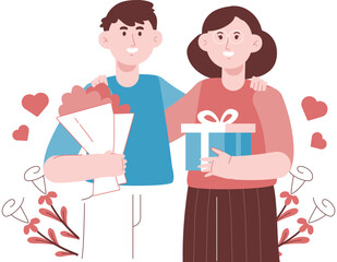 Happy Smiles from Beloved Partner Couple Characters on Romantic Love Day with Flower Bouquet and Gift Box