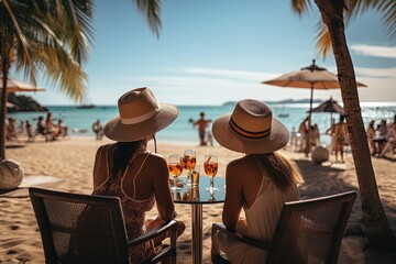 Two girlfriends are sitting on the beach near the ocean.