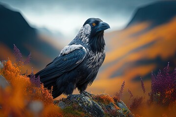 photo of a raven in a norwegian mountainous autumn landscape, Corvus corax, grey and black eyes - obrazy, fototapety, plakaty