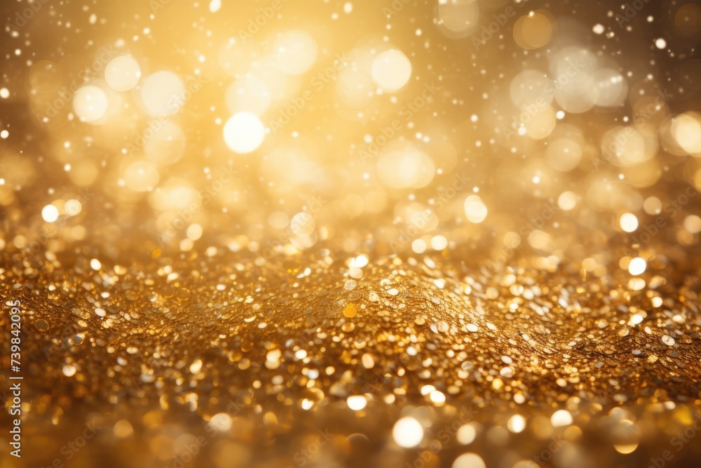 Poster shiny gold specs. glittering dust particles in abstract bokeh background for designers
