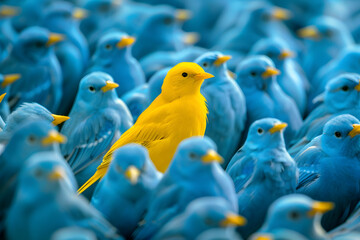 A vibrant yellow bird stands out in a crowd of identical blue birds, symbolizing individuality, uniqueness, and the courage to be different in a conformist society