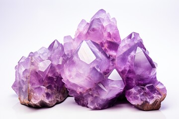 Fototapeta premium Isolated Crystal Stone: Macro View of Rough Purple Amethyst Quartz Mineral Crystals on White