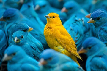 A vibrant yellow bird stands out in a crowd of identical blue birds, symbolizing individuality, uniqueness, and the courage to be different in a conformist society