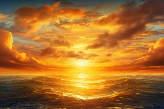 Golden Sunset over the Sea. Magic Glistening Gold sun setting into ocean waters with cloudy skies