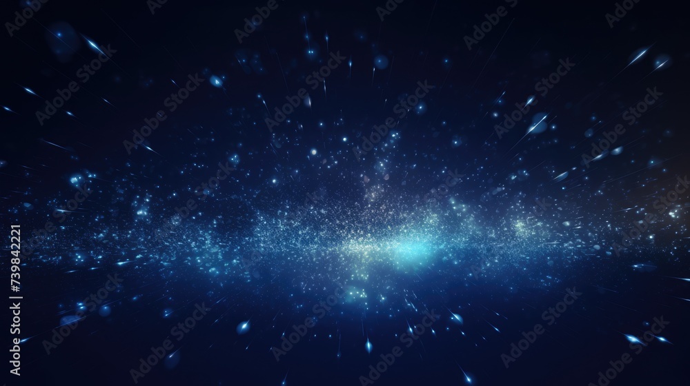 Poster light particles on dark blue abstract background with deep depths and grid formation. sparkling
