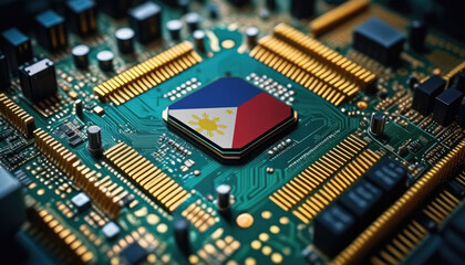 Philippines flag on a processor, CPU or microchip on a motherboard. Concept for the battle of global microchips production.