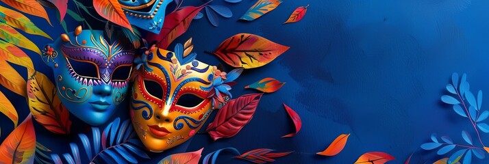 bright and colorful masks and colorful leaves on a blue background