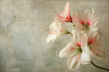 Close-up of beautiful amaryllis flowers with delicate pink veins against a vintage textured backdrop