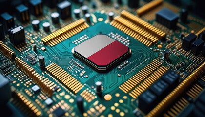 Poland flag on a processor, CPU or microchip on a motherboard. Concept for the battle of global microchips production.