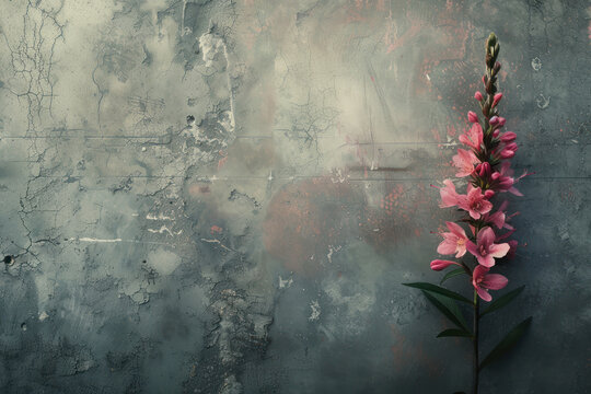 Single pink snapdragon stands out against a rough, textured concrete background, combining natural beauty with urban decay
