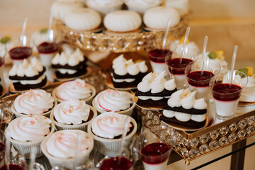 Almond cookies, sweet cakes for a wedding banquet. A delicious reception, a luxurious ceremony. Table with sweets and desserts. Delicious colorful French desserts on a plate or table. Candy bar.