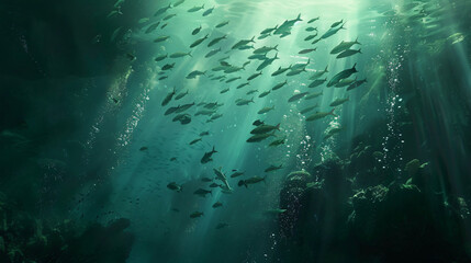 Fototapeta na wymiar Lot of small fish in the sea under water