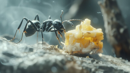 Ant carrying food. Illustration. AI generated. Close up shot