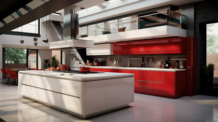 contemporary kitchen in black, white, and red. AI.