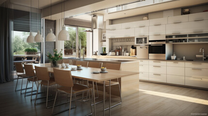 Modern interior design of a bright large kitchen. Generative AI.