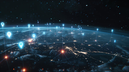 Obraz premium Connected Earth: Featuring Digital Enhancements, Location Pins, Blue Data Flow, and Smart City Highlights