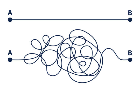 Line mind process complicated and easy ways, difficult and simple process doodle style isolated on whie background. 