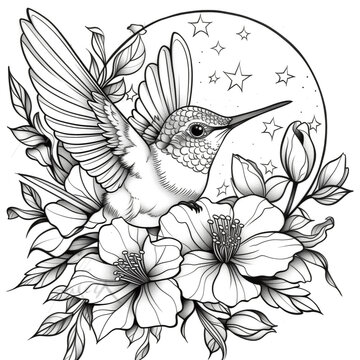 Black and white Hummingbird and flowers tattoo design