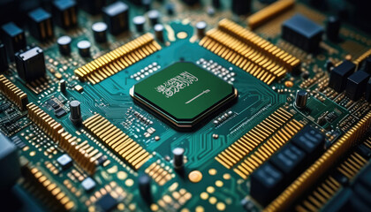 Saudi Arabia flag on a processor, CPU or microchip on a motherboard. Concept for the battle of global microchips production.
