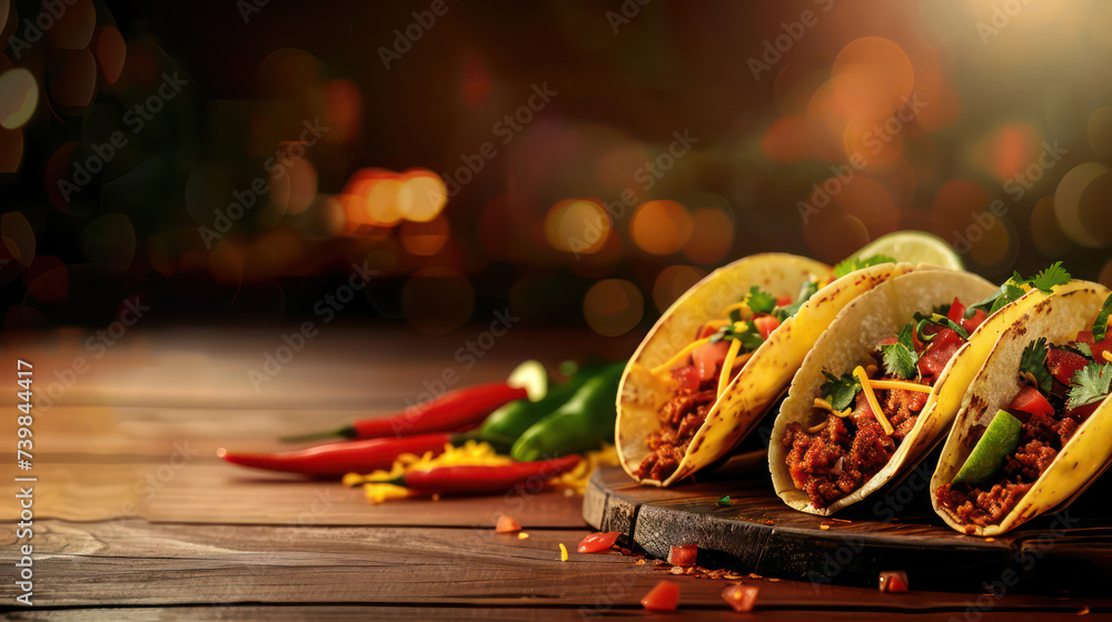 Wall mural tacos on the table mexican foos restaurant copy space banner mockup