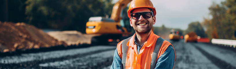 Smiling road construction worker in reflective vest and helmet overlooking freshly paved asphalt road and machinery. Banner with copy space for text - obrazy, fototapety, plakaty
