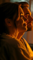 Couple are side by side, bathed in warm golden light, looking ahead with thoughtful expressions