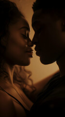 African American couple is captured in a romantic pose, their lips meeting in a kiss, in a room lit by soft golden light