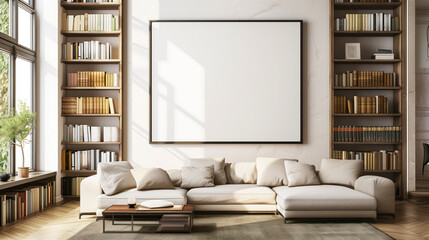 Obraz na płótnie Canvas minimalist living room with bookshelf and blank canvas mock-up