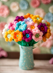 Crochet bouquet of flowers. Selective focus.