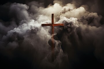 Wooden cross in smoke. A vibrant Ash Wednesday banner with an ash cross, highlighted by dramatic lighting effects.