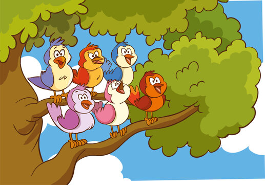 Family of birds sitting on a tree branch. Vector cartoon illustration.