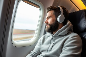 a man with a beard wearing headphones flies on an airplane and looks out the window. Comfortable flight. Journey. Business trip. - obrazy, fototapety, plakaty