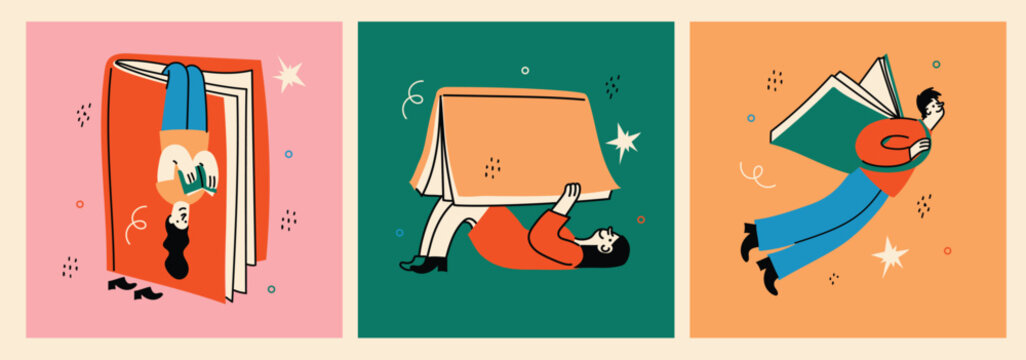 Book concepts set. Happy readers reading books and flying, laying , sitting everywhere. Flat trendy retro vector illustrations isolated on white background