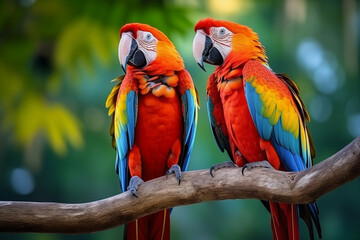 Obraz premium two scarlet macaws on a branch