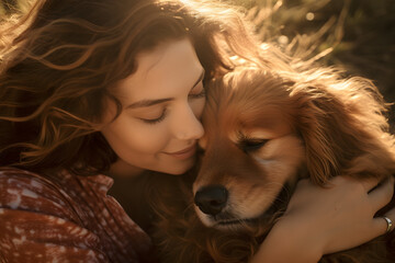 Close up of young woman hugging her dog