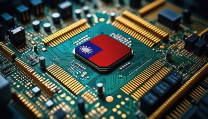 Obraz premium Taiwan flag on a processor, CPU or microchip on a motherboard. Concept for the battle of global microchips production.