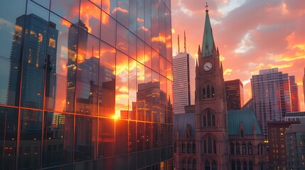 Bird's-eye view of church architecture with glass surfaces sparkling in the light of sunrise and sunset.  Modern building and architecture background concept. - obrazy, fototapety, plakaty