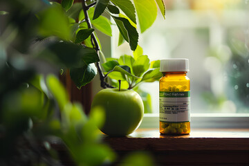 A detailed photograph of a weight loss prescription bottle on a green apple, highlighting the contrast between the white label and natural hues. - obrazy, fototapety, plakaty