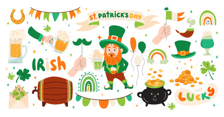 Set of St. Patricks Day elements. Hand drawn collection of icons. Holiday Irish stickers set.