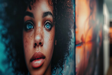 Intense Portrait of a Young Woman with Striking Eyes and Curly Hair