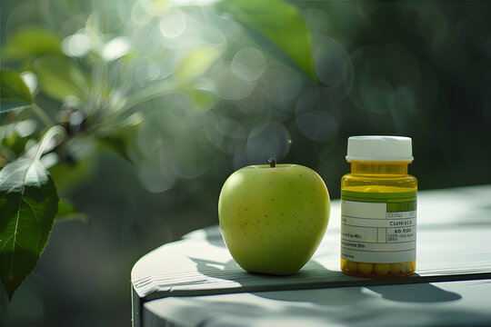 A Detailed Photograph Of A Weight Loss Prescription Bottle On A Green Apple, Highlighting The Contrast Between The White Label And Natural Hues.