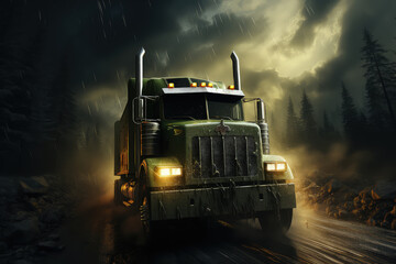 Green semi truck is seen driving through a dense forest, surrounded by tall trees and lush greenery - obrazy, fototapety, plakaty