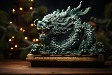 Green dragon statue stands tall on wooden base, showcasing intricate details and fierce expressions