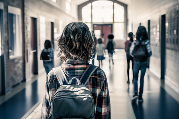 Bullying at school. Sad child in corridor. Upset kid with stress.