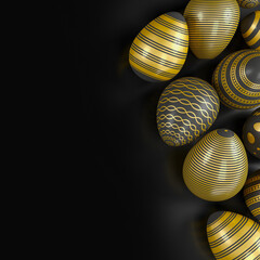Fototapeta premium 3d render of black and gold easter eggs on dark background.