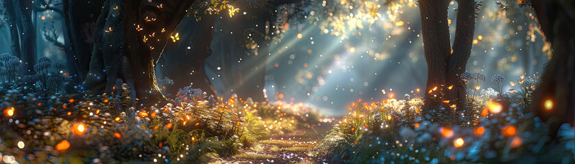 A breathtaking view of a mystical forest glade, where magical lights and butterflies dance between the trees in the ethereal morning mist.
 - obrazy, fototapety, plakaty